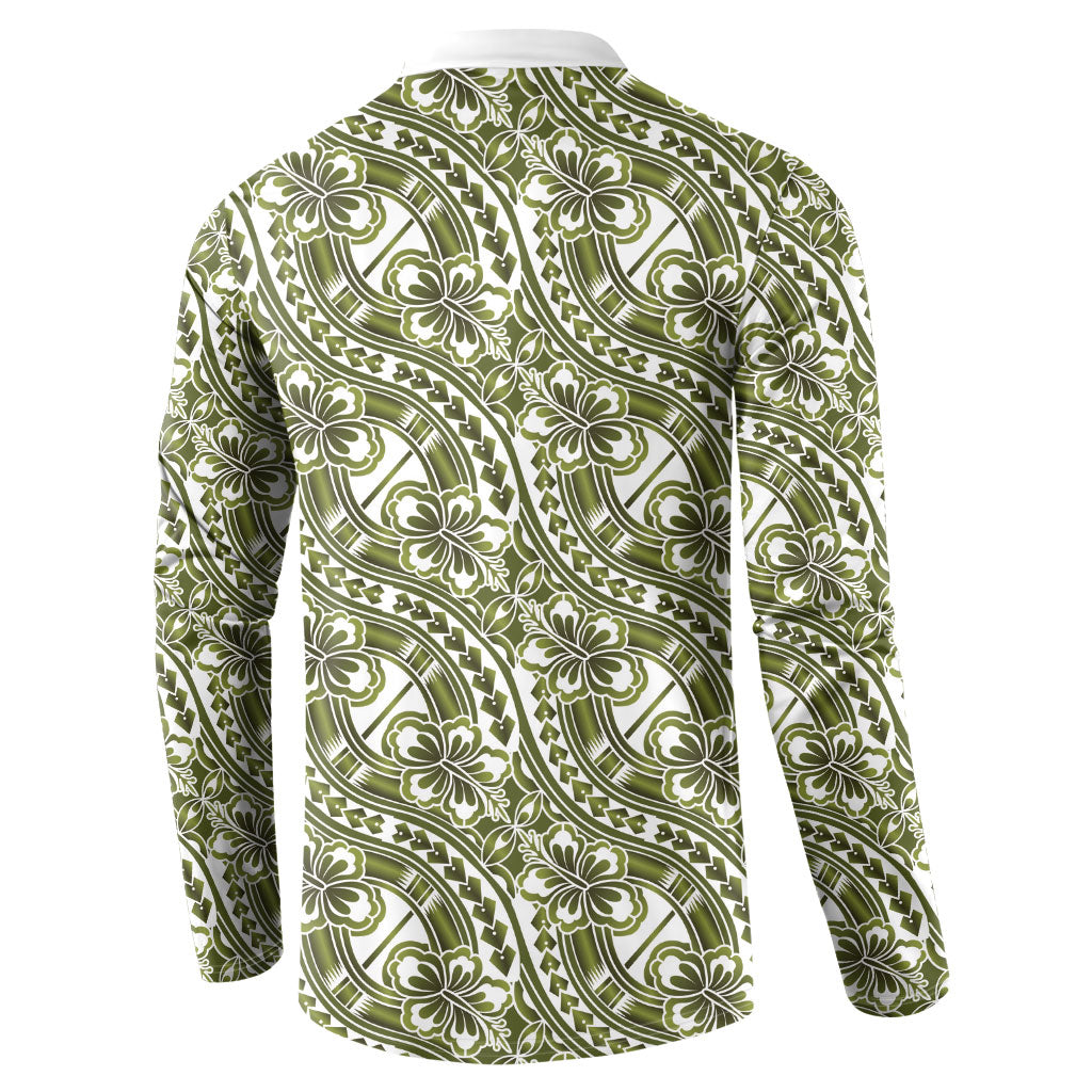 Hibiscus Bloom Island Tribal Waves Button Sweatshirt Olive Green Polynesian Pattern LT01 - Polynesian Pride