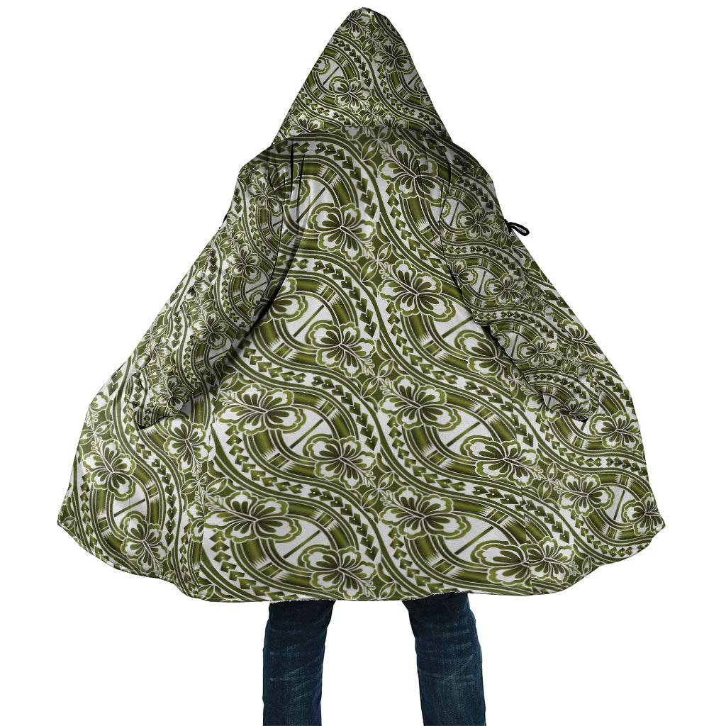 Hibiscus Bloom Island Tribal Waves Cloak Olive Green Polynesian Pattern
