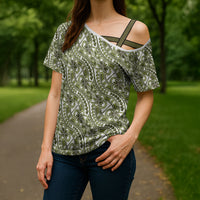 Hibiscus Bloom Island Tribal Waves Cross Shoulder Shirt Olive Green Polynesian Pattern LT01 - Polynesian Pride