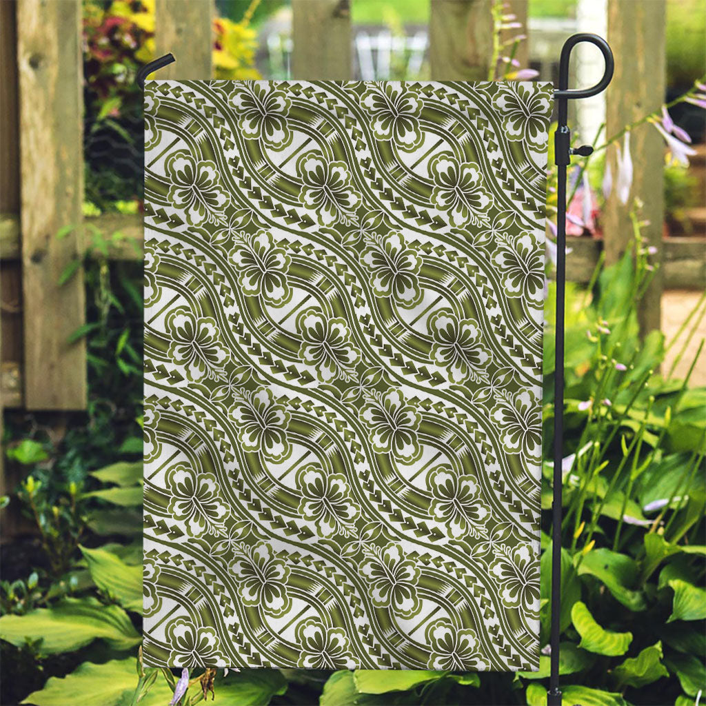 Hibiscus Bloom Island Tribal Waves Garden Flag Olive Green Polynesian Pattern LT01 Garden Flag Olive Green - Polynesian Pride