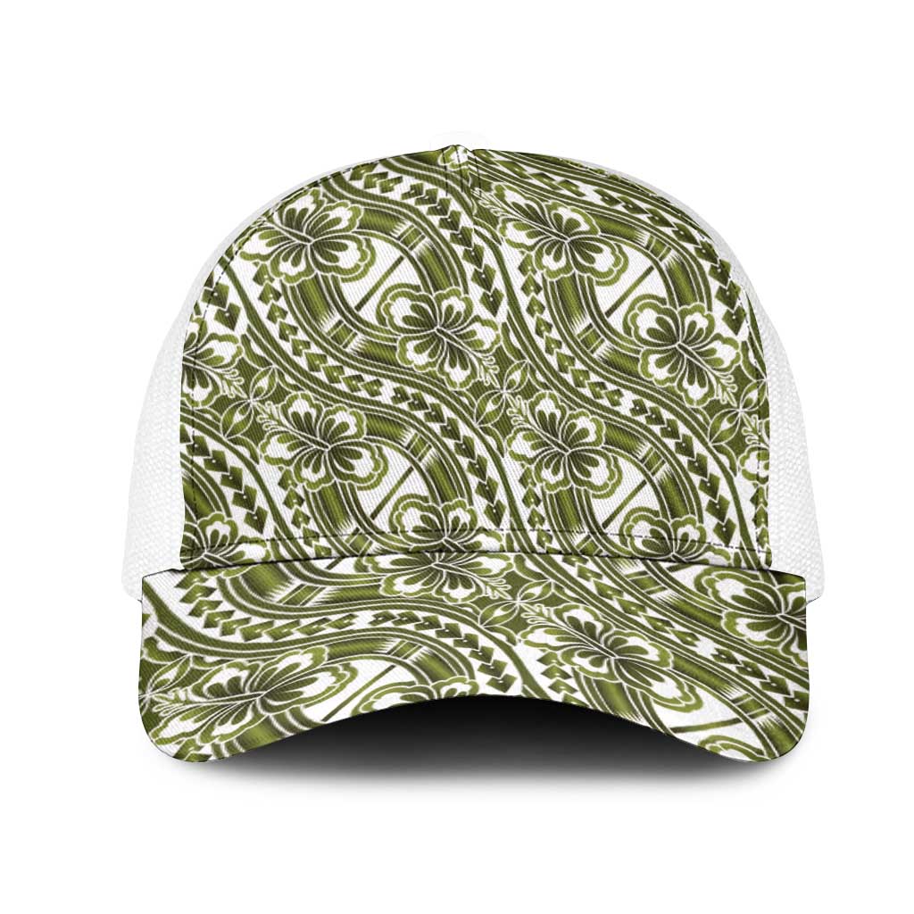 Hibiscus Bloom Island Tribal Waves Mesh Trucker Cap Olive Green Polynesian Pattern
