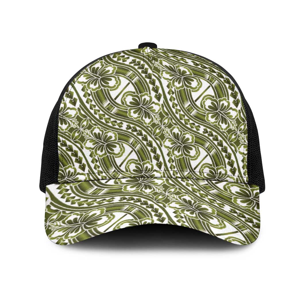 Hibiscus Bloom Island Tribal Waves Mesh Trucker Cap Olive Green Polynesian Pattern LT01 One Size Black Olive Green - Polynesian Pride