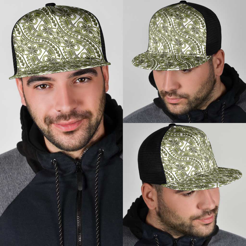 Hibiscus Bloom Island Tribal Waves Mesh Trucker Cap Olive Green Polynesian Pattern LT01 - Polynesian Pride