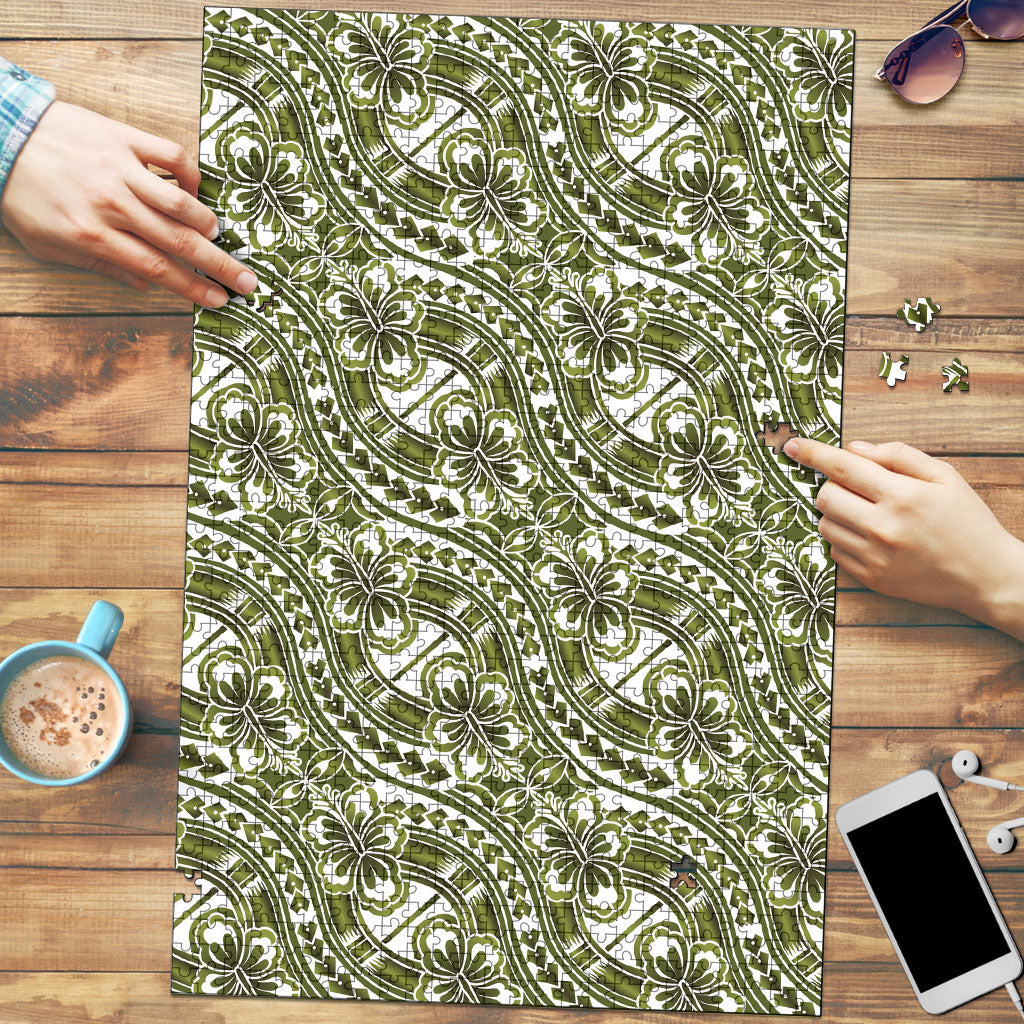 Hibiscus Bloom Island Tribal Waves Puzzle Olive Green Polynesian Pattern