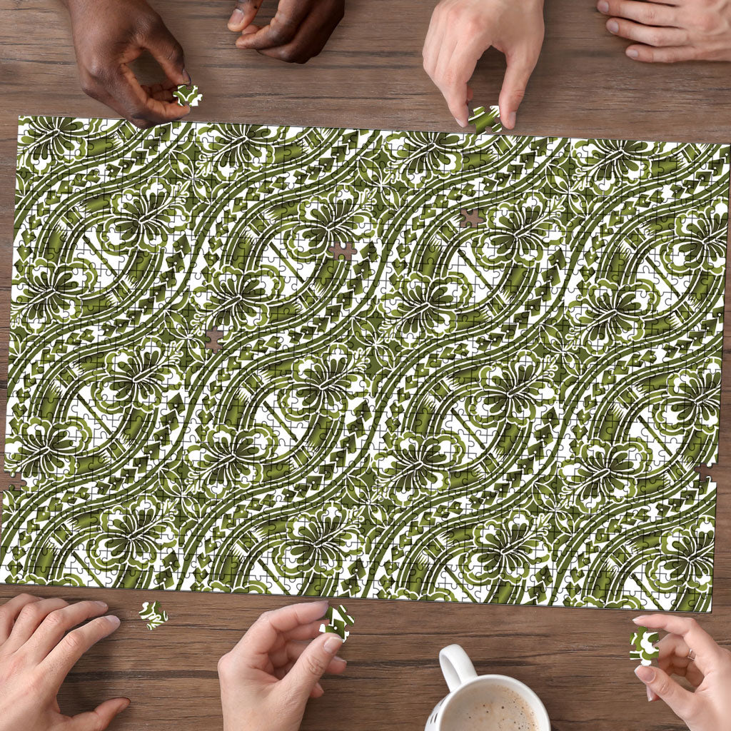Hibiscus Bloom Island Tribal Waves Puzzle Olive Green Polynesian Pattern LT01 - Polynesian Pride