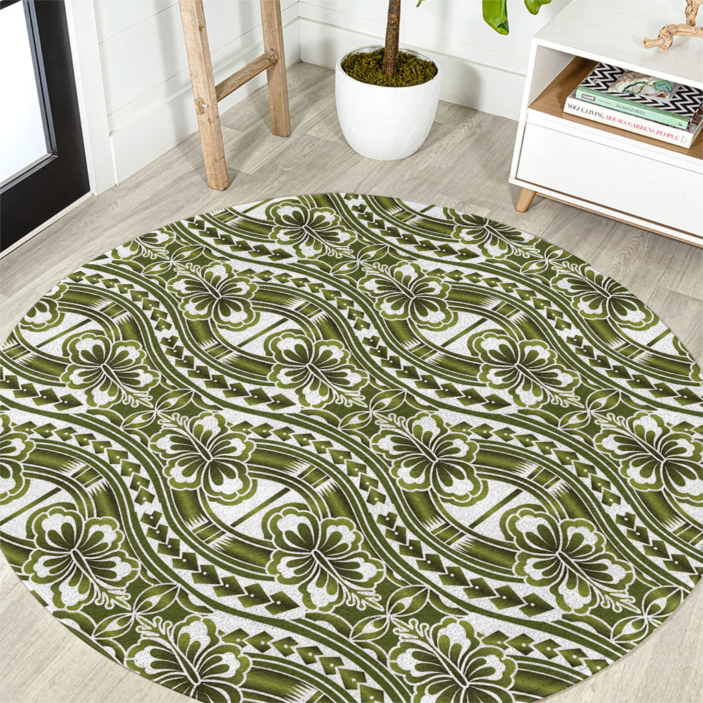 Hibiscus Bloom Island Tribal Waves Round Carpet Olive Green Polynesian Pattern