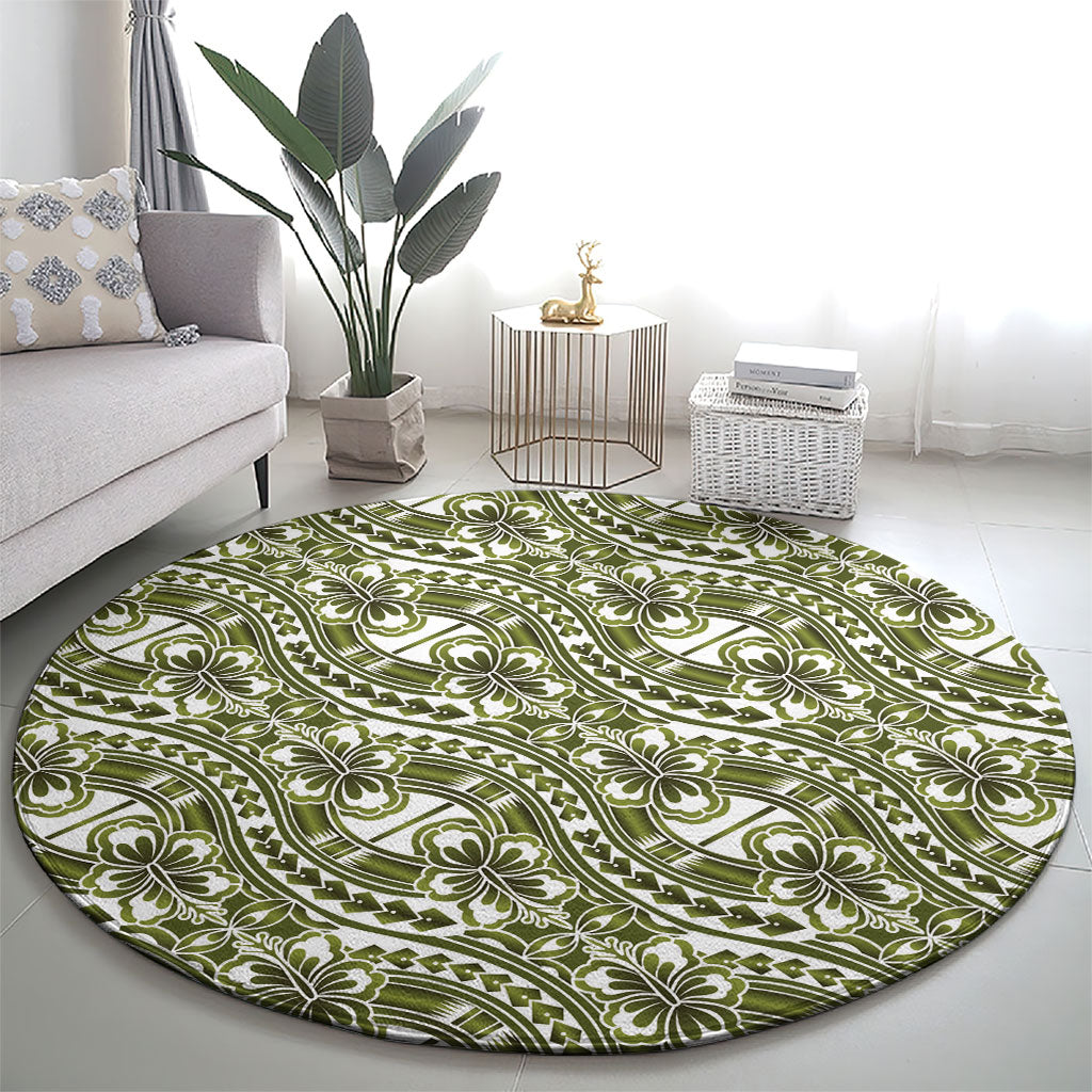 Hibiscus Bloom Island Tribal Waves Round Carpet Olive Green Polynesian Pattern LT01 - Polynesian Pride