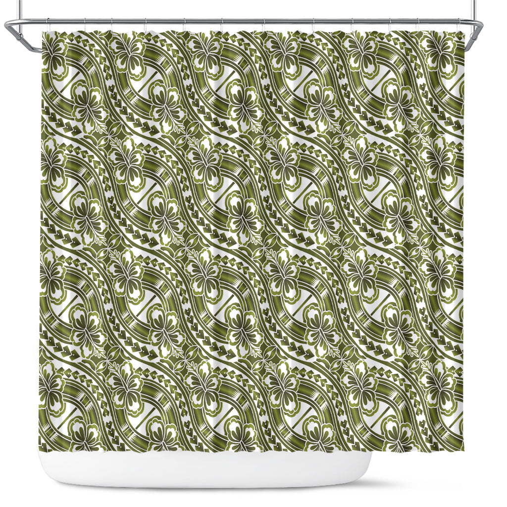 Hibiscus Bloom Island Tribal Waves Shower Curtain Olive Green Polynesian Pattern LT01 Olive Green - Polynesian Pride