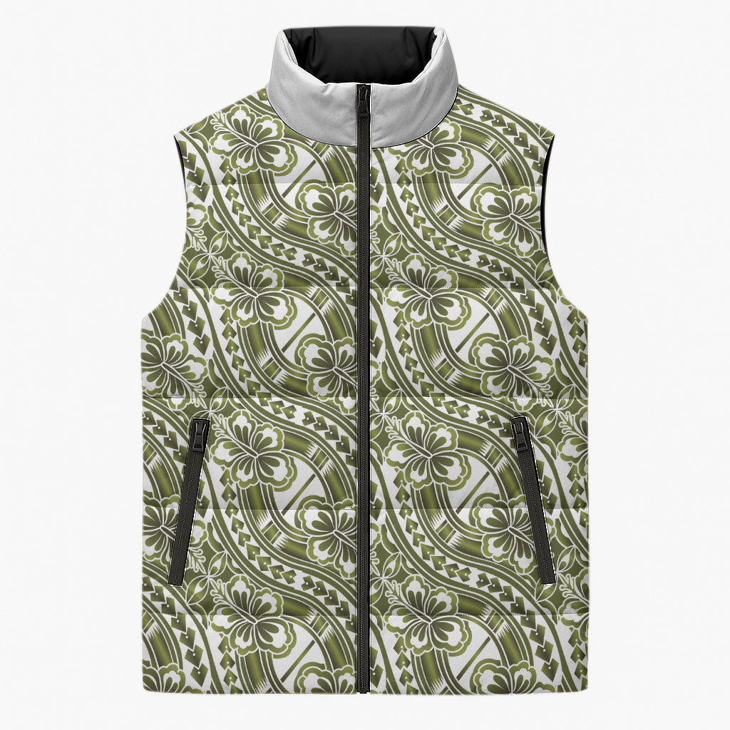 Hibiscus Bloom Island Tribal Waves Sleeveless Puffer Jacket Olive Green Polynesian Pattern LT01 Unisex Olive Green - Polynesian Pride