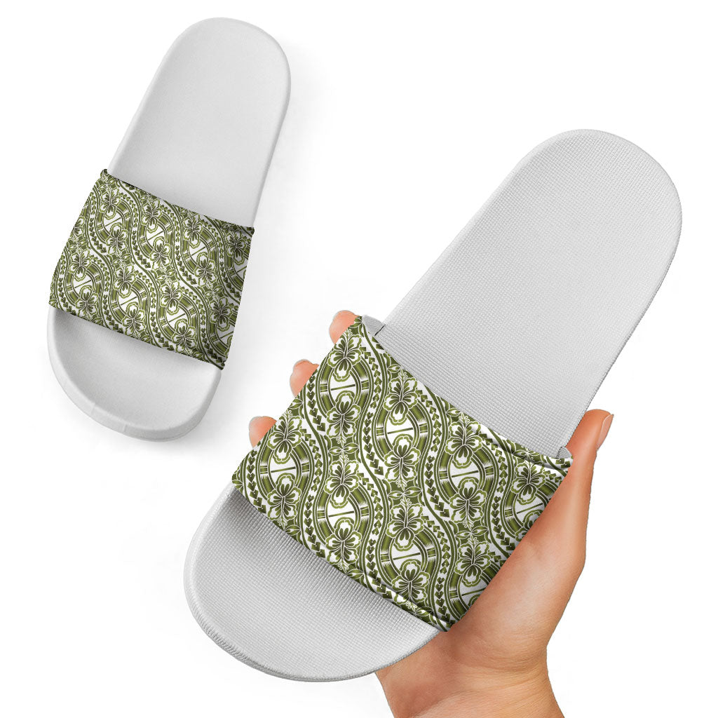 Hibiscus Bloom Island Tribal Waves Slide Sandals Olive Green Polynesian Pattern LT01 - Polynesian Pride