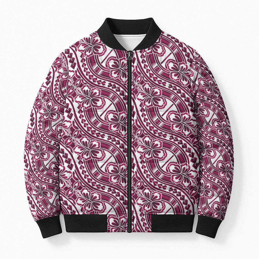 Hibiscus Bloom Island Tribal Waves Bomber Puffer Jacket Pink Polynesian Pattern