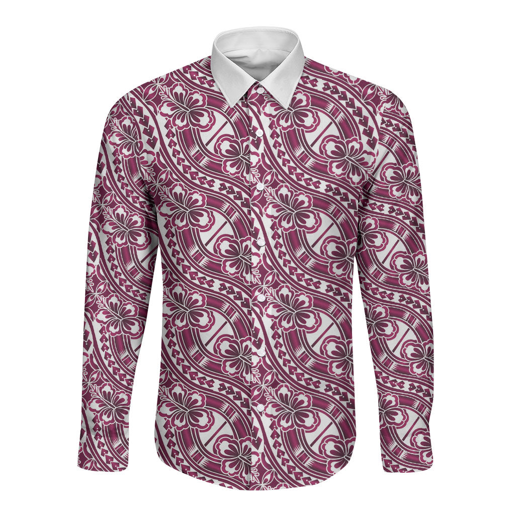Hibiscus Bloom Island Tribal Waves Long Sleeve Button Shirt Pink Polynesian Pattern