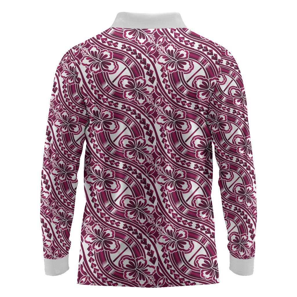Hibiscus Bloom Island Tribal Waves Long Sleeve Polo Shirt Pink Polynesian Pattern LT01 - Polynesian Pride
