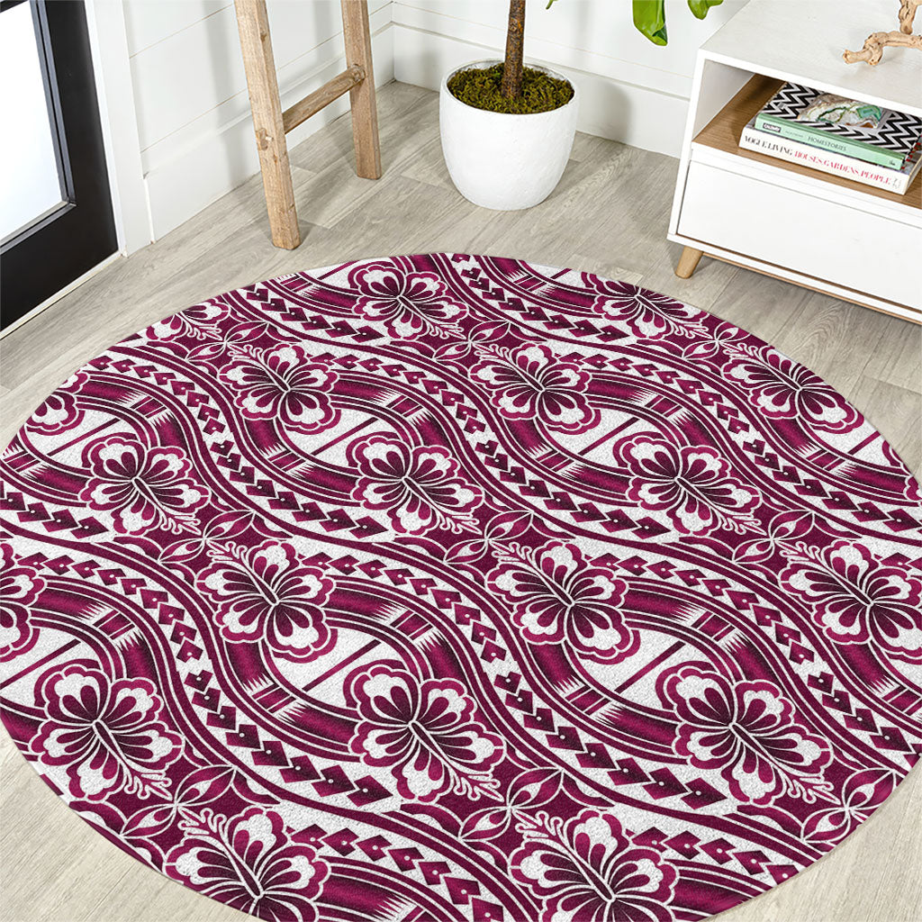 Hibiscus Bloom Island Tribal Waves Round Carpet Pink Polynesian Pattern