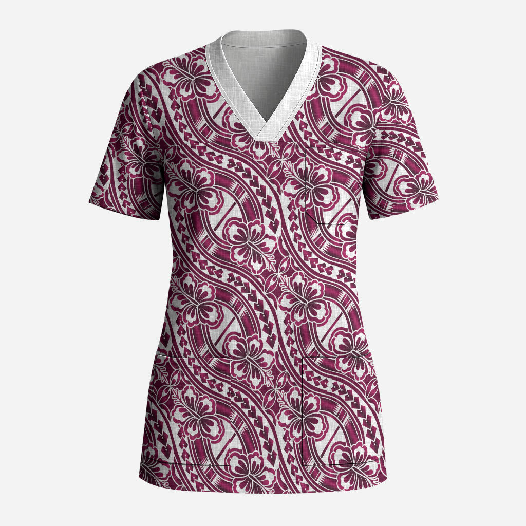 Hibiscus Bloom Island Tribal Waves Scrub Top Pink Polynesian Pattern