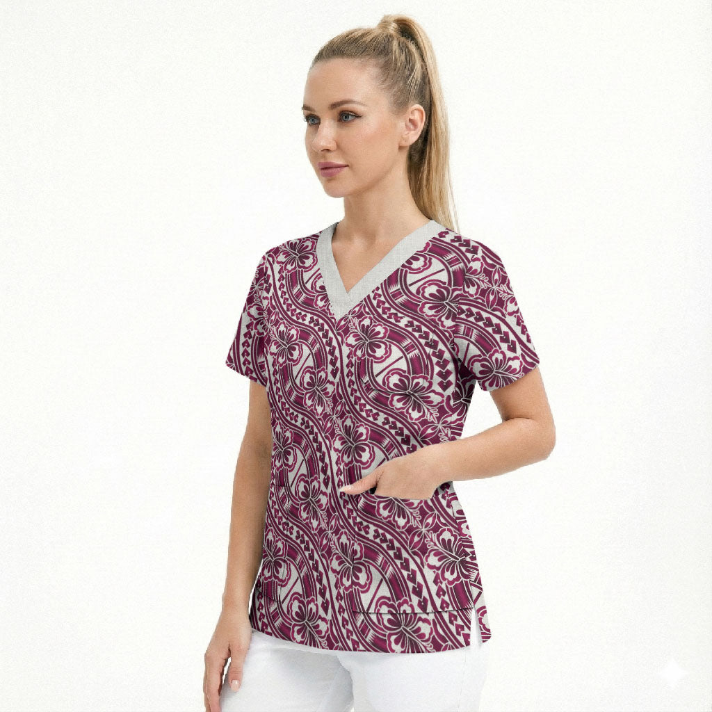 Hibiscus Bloom Island Tribal Waves Scrub Top Pink Polynesian Pattern LT01 - Polynesian Pride