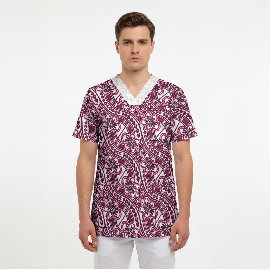 Hibiscus Bloom Island Tribal Waves Scrub Top Pink Polynesian Pattern LT01 - Polynesian Pride