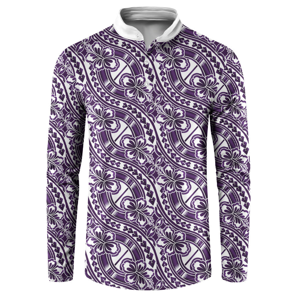Hibiscus Bloom Island Tribal Waves Button Sweatshirt Purple Polynesian Pattern