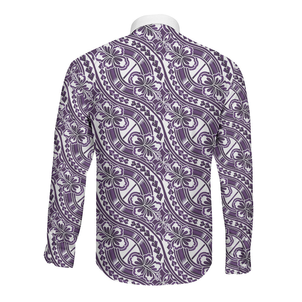 Hibiscus Bloom Island Tribal Waves Long Sleeve Button Shirt Purple Polynesian Pattern LT01 - Polynesian Pride