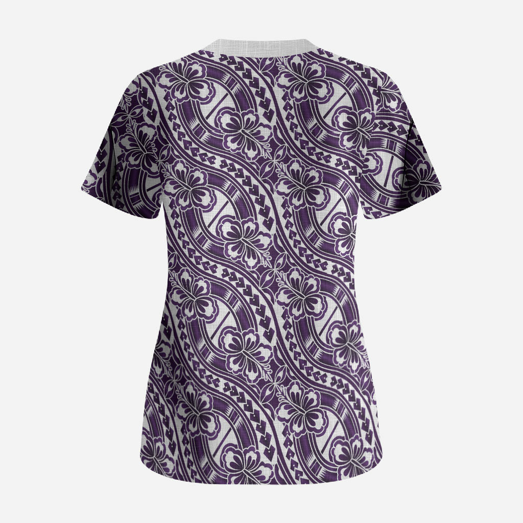 Hibiscus Bloom Island Tribal Waves Scrub Top Purple Polynesian Pattern LT01 - Polynesian Pride