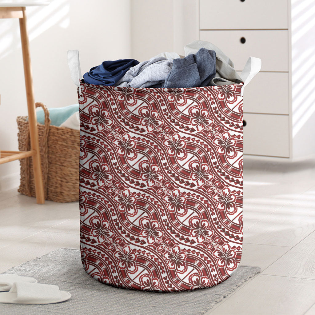 Hibiscus Bloom Island Tribal Waves Laundry Basket Red Polynesian Pattern