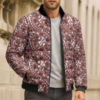 Hibiscus Bloom Island Tribal Waves Bomber Puffer Jacket Red Polynesian Pattern