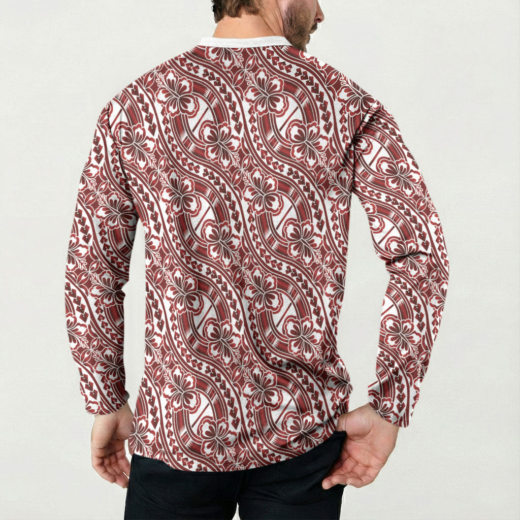 Hibiscus Bloom Island Tribal Waves Button Sweatshirt Red Polynesian Pattern