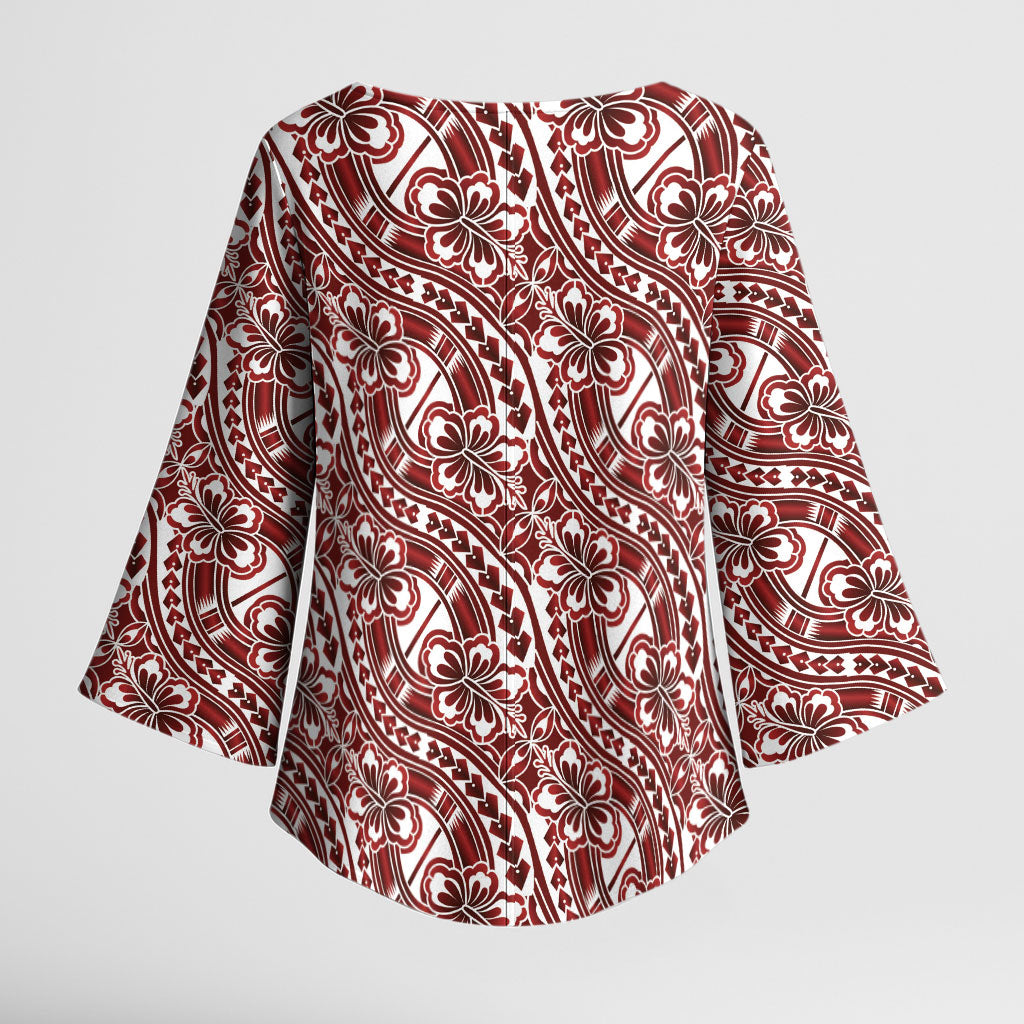 Hibiscus Bloom Island Tribal Waves Kimono Sleeve Blouse Red Polynesian Pattern LT01 - Polynesian Pride