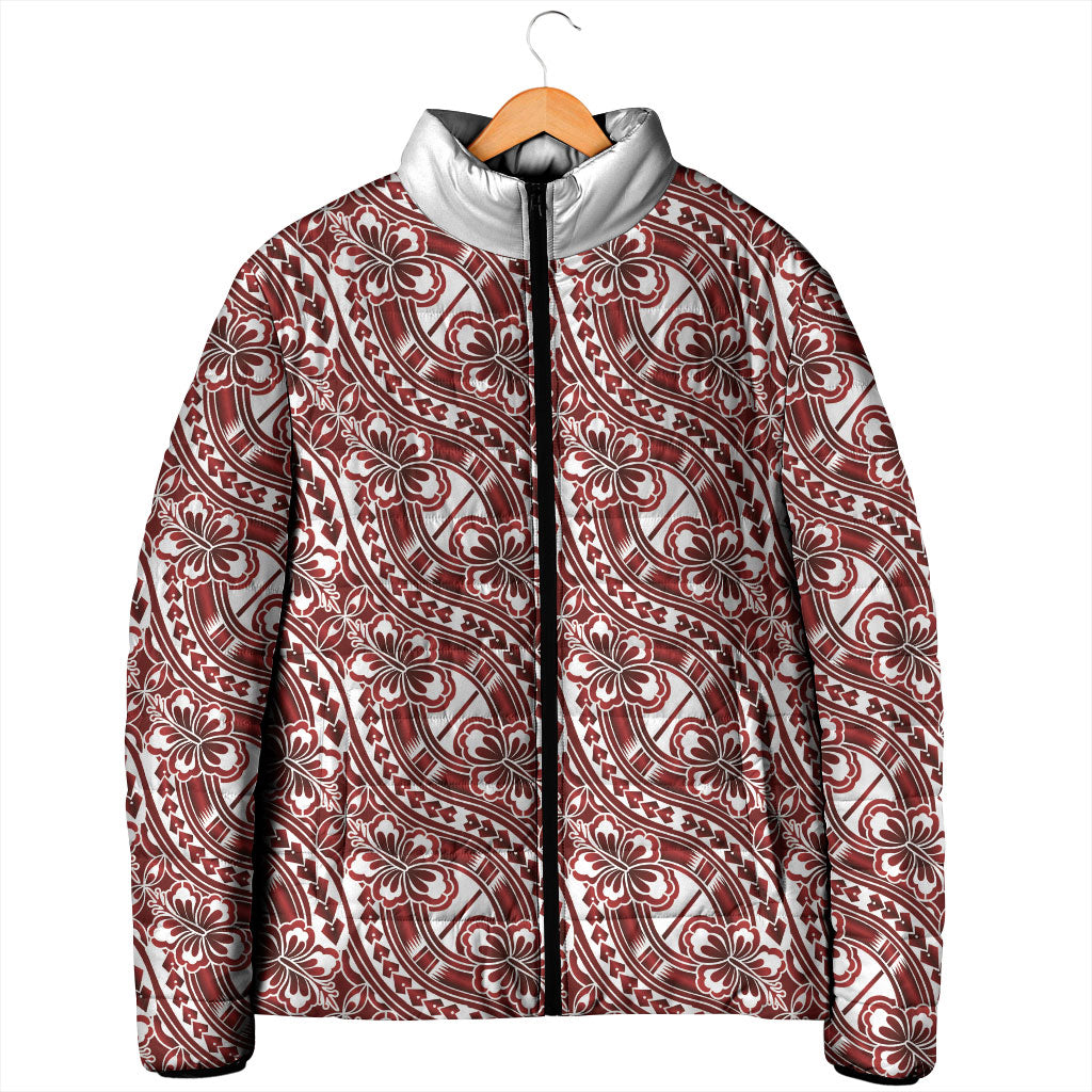 Hibiscus Bloom Island Tribal Waves Padded Jacket Red Polynesian Pattern