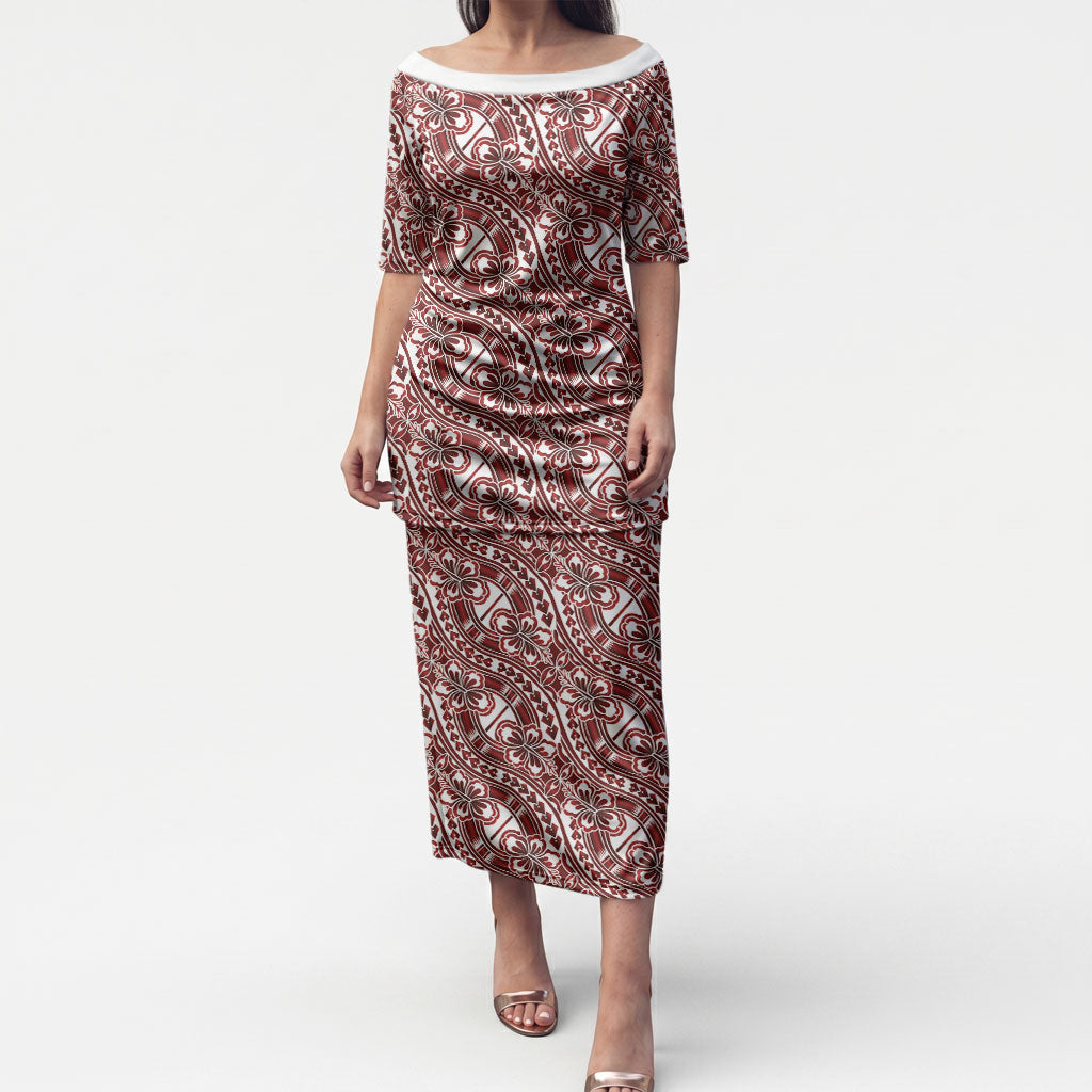 Hibiscus Bloom Island Tribal Waves Puletasi Red Polynesian Pattern LT01 Long Dress Red - Polynesian Pride