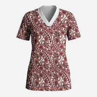 Hibiscus Bloom Island Tribal Waves Scrub Top Red Polynesian Pattern LT01 Adult Red - Polynesian Pride