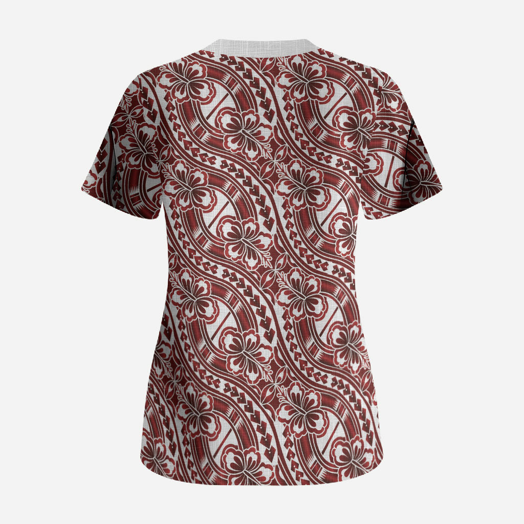Hibiscus Bloom Island Tribal Waves Scrub Top Red Polynesian Pattern LT01 - Polynesian Pride
