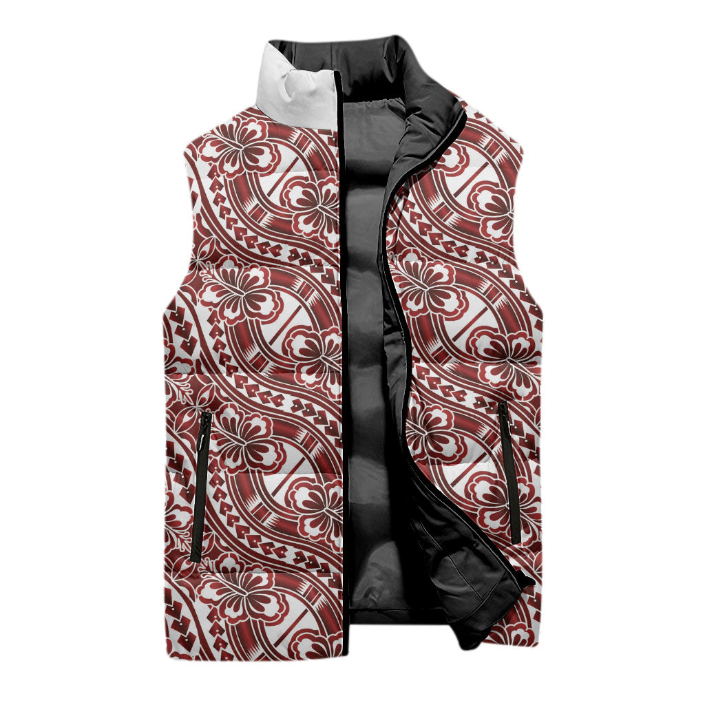 Hibiscus Bloom Island Tribal Waves Sleeveless Puffer Jacket Red Polynesian Pattern LT01 - Polynesian Pride