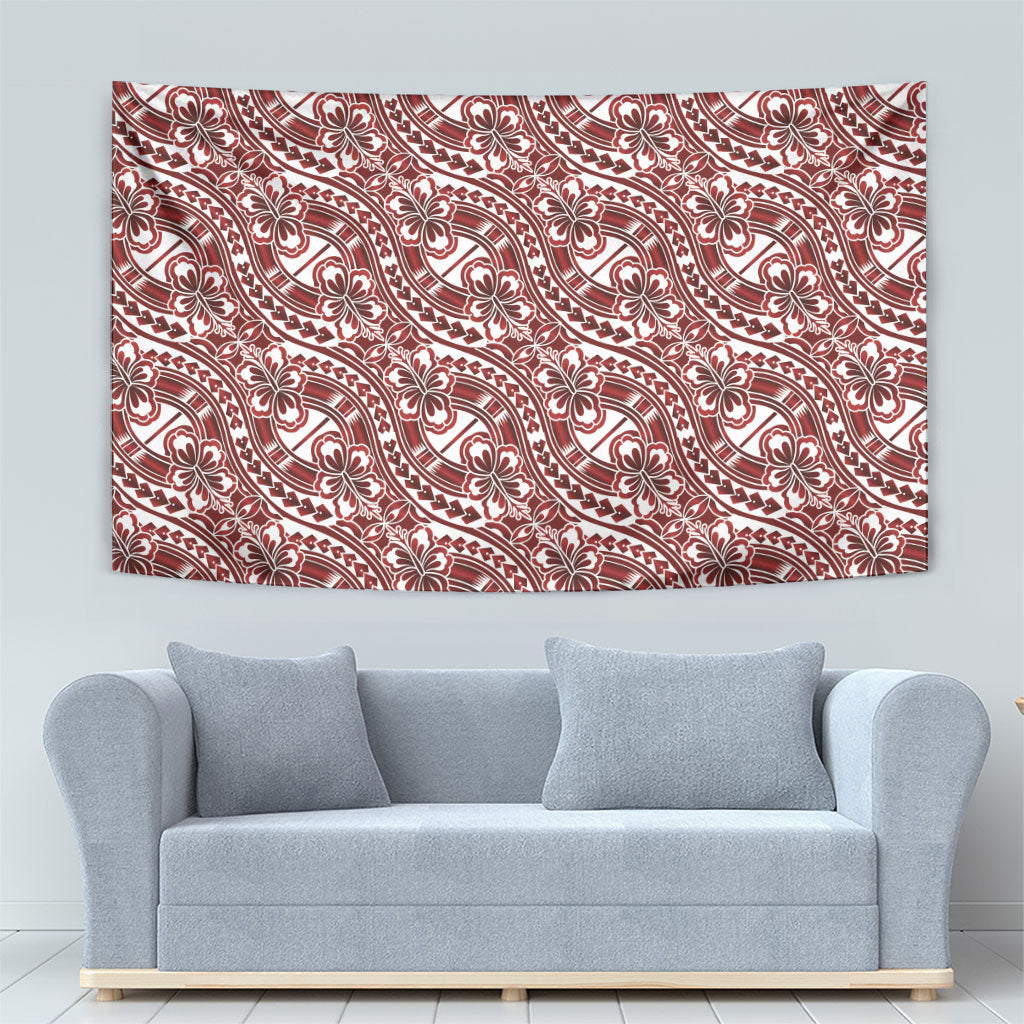 Hibiscus Bloom Island Tribal Waves Tapestry Red Polynesian Pattern
