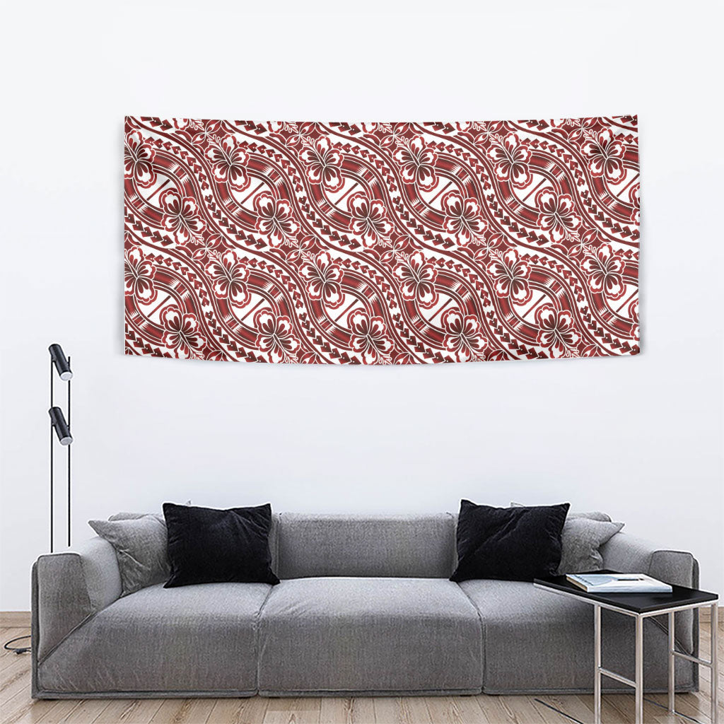 Hibiscus Bloom Island Tribal Waves Tapestry Red Polynesian Pattern