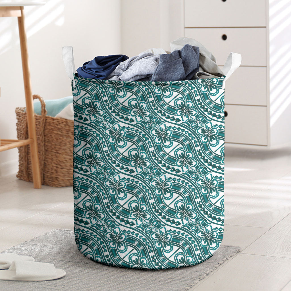 Hibiscus Bloom Island Tribal Waves Laundry Basket Teal Polynesian Pattern LT01 Teal - Polynesian Pride
