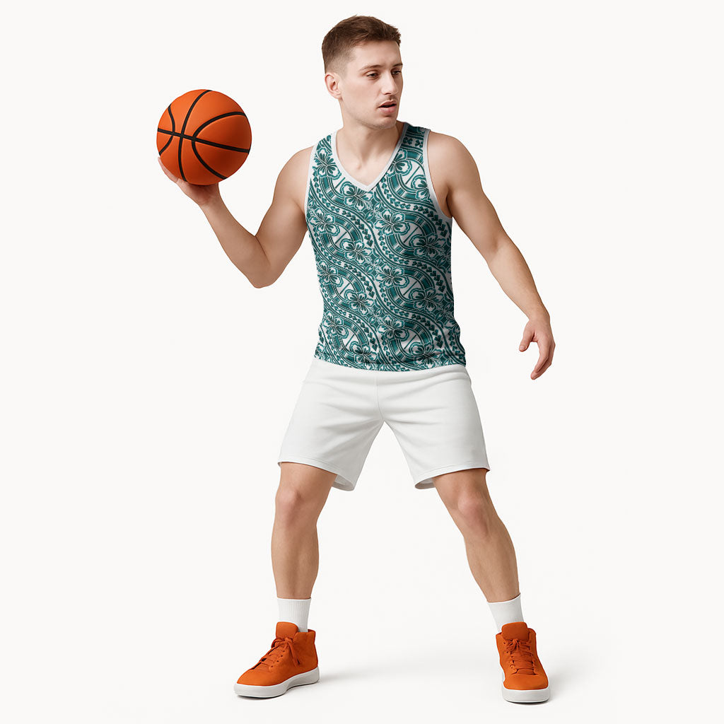 Hibiscus Bloom Island Tribal Waves Basketball Jersey Teal Polynesian Pattern LT01 - Polynesian Pride