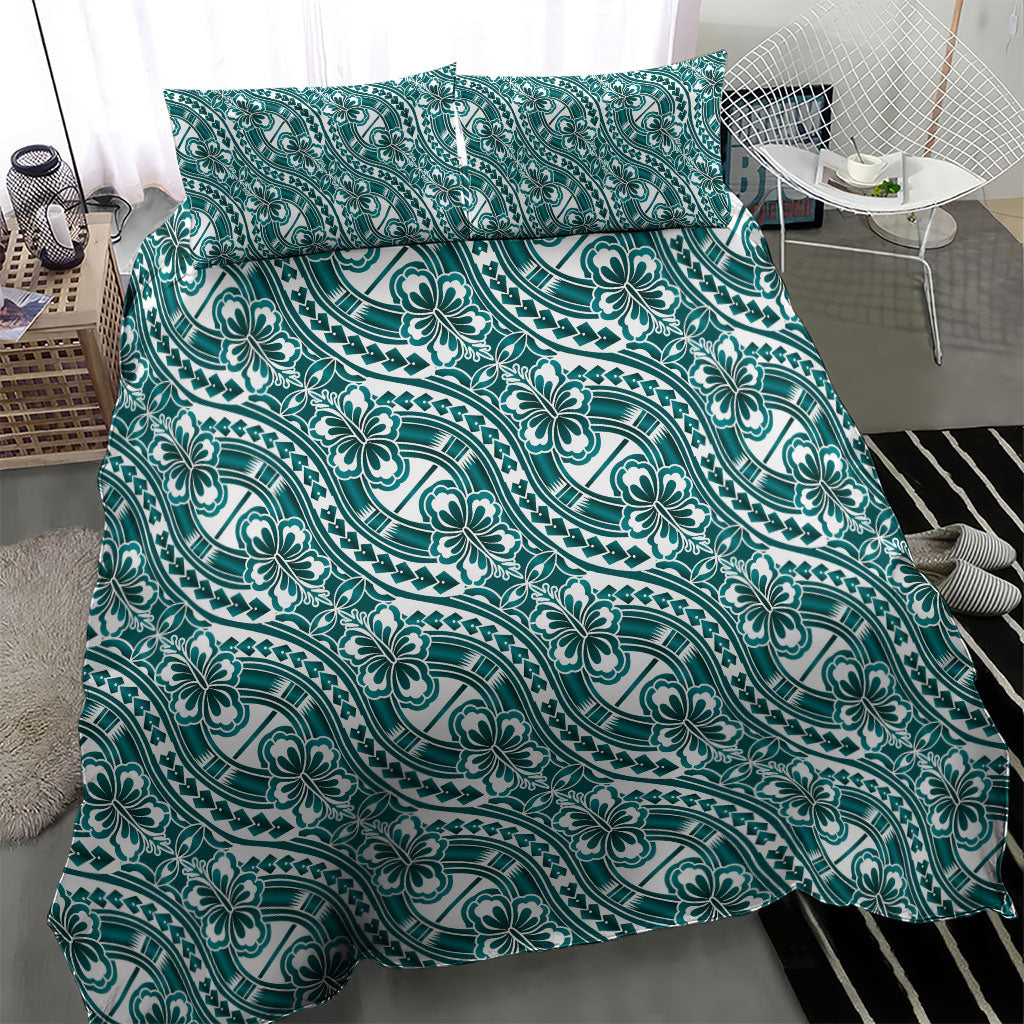 Hibiscus Bloom Island Tribal Waves Bedding Set Teal Polynesian Pattern