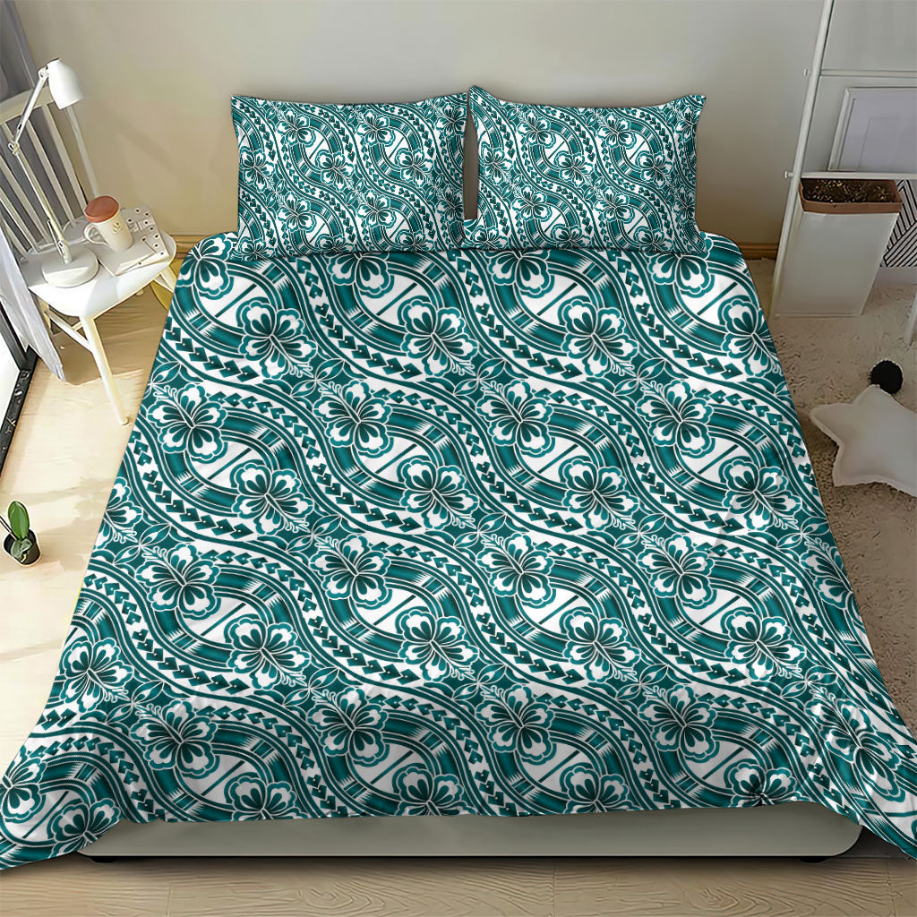 Hibiscus Bloom Island Tribal Waves Bedding Set Teal Polynesian Pattern