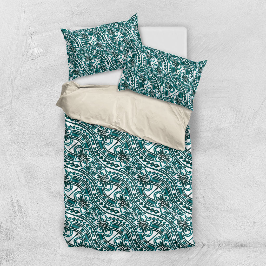 Hibiscus Bloom Island Tribal Waves Bedding Set Teal Polynesian Pattern