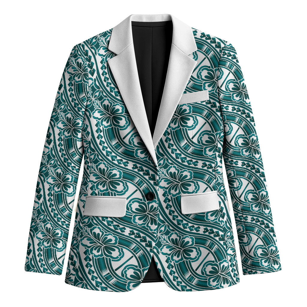 Hibiscus Bloom Island Tribal Waves Blazer Teal Polynesian Pattern