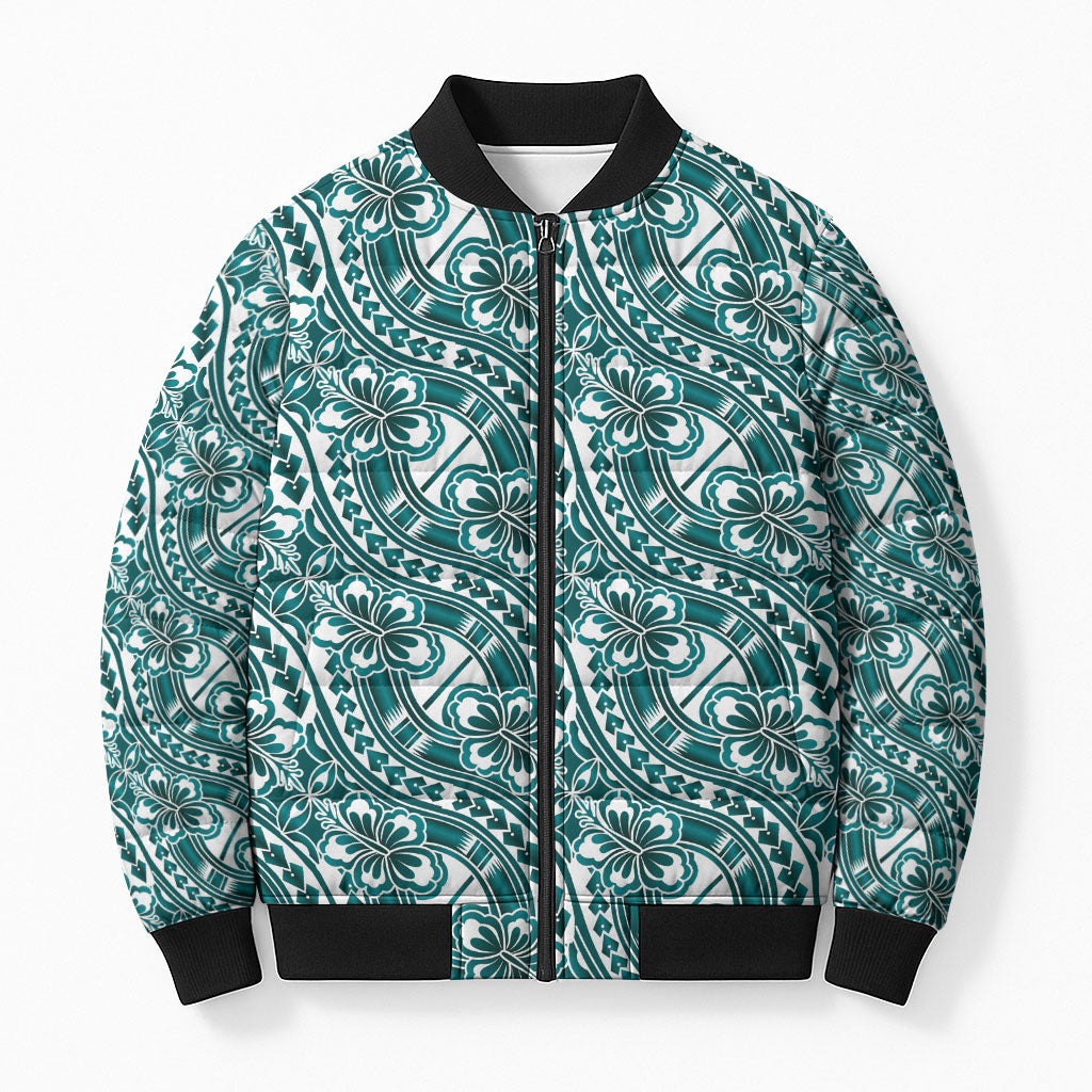 Hibiscus Bloom Island Tribal Waves Bomber Puffer Jacket Teal Polynesian Pattern LT01 Unisex Teal - Polynesian Pride