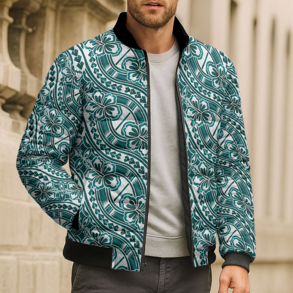 Hibiscus Bloom Island Tribal Waves Bomber Puffer Jacket Teal Polynesian Pattern LT01 - Polynesian Pride