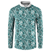 Hibiscus Bloom Island Tribal Waves Button Sweatshirt Teal Polynesian Pattern