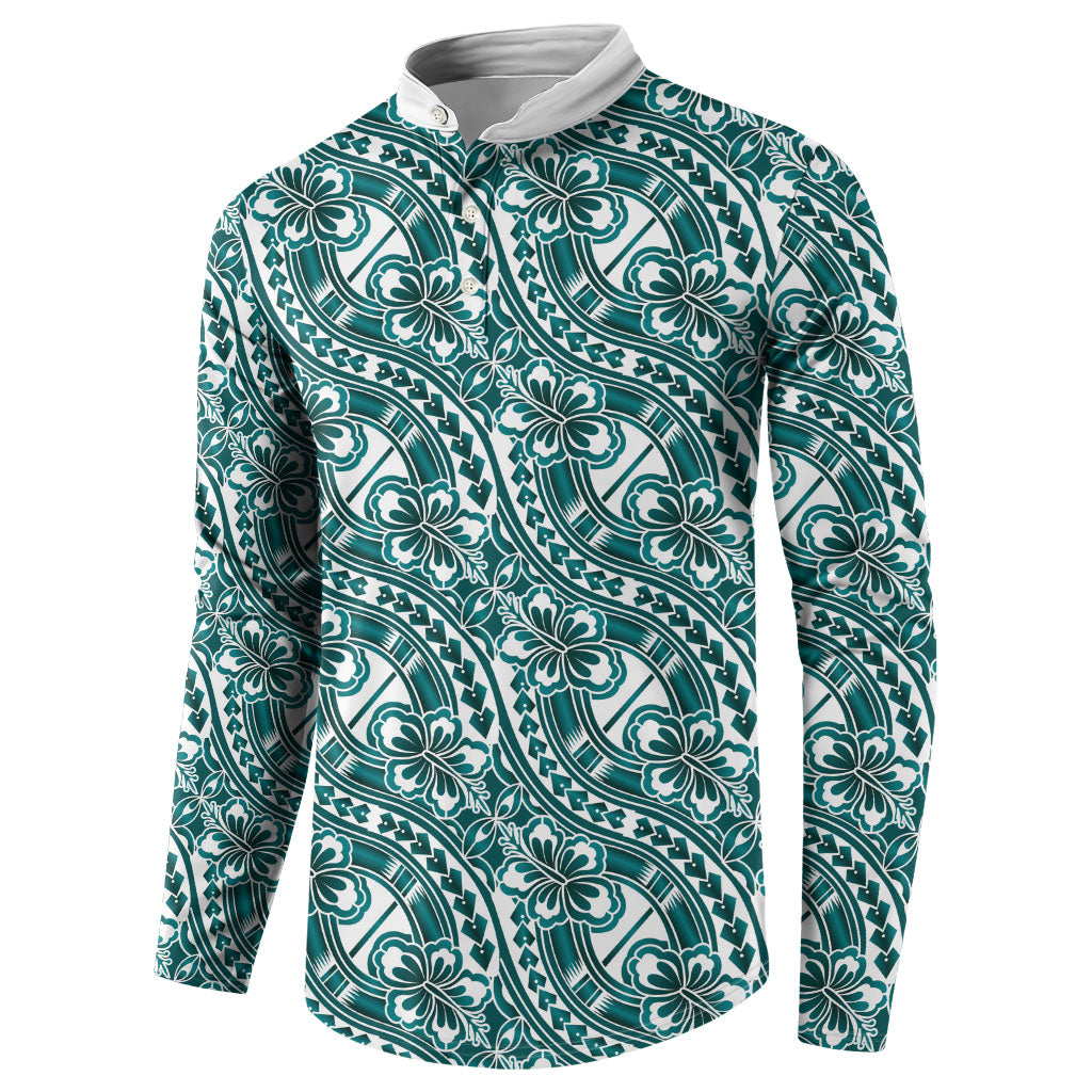 Hibiscus Bloom Island Tribal Waves Button Sweatshirt Teal Polynesian Pattern