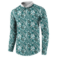 Hibiscus Bloom Island Tribal Waves Button Sweatshirt Teal Polynesian Pattern