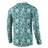 Hibiscus Bloom Island Tribal Waves Button Sweatshirt Teal Polynesian Pattern