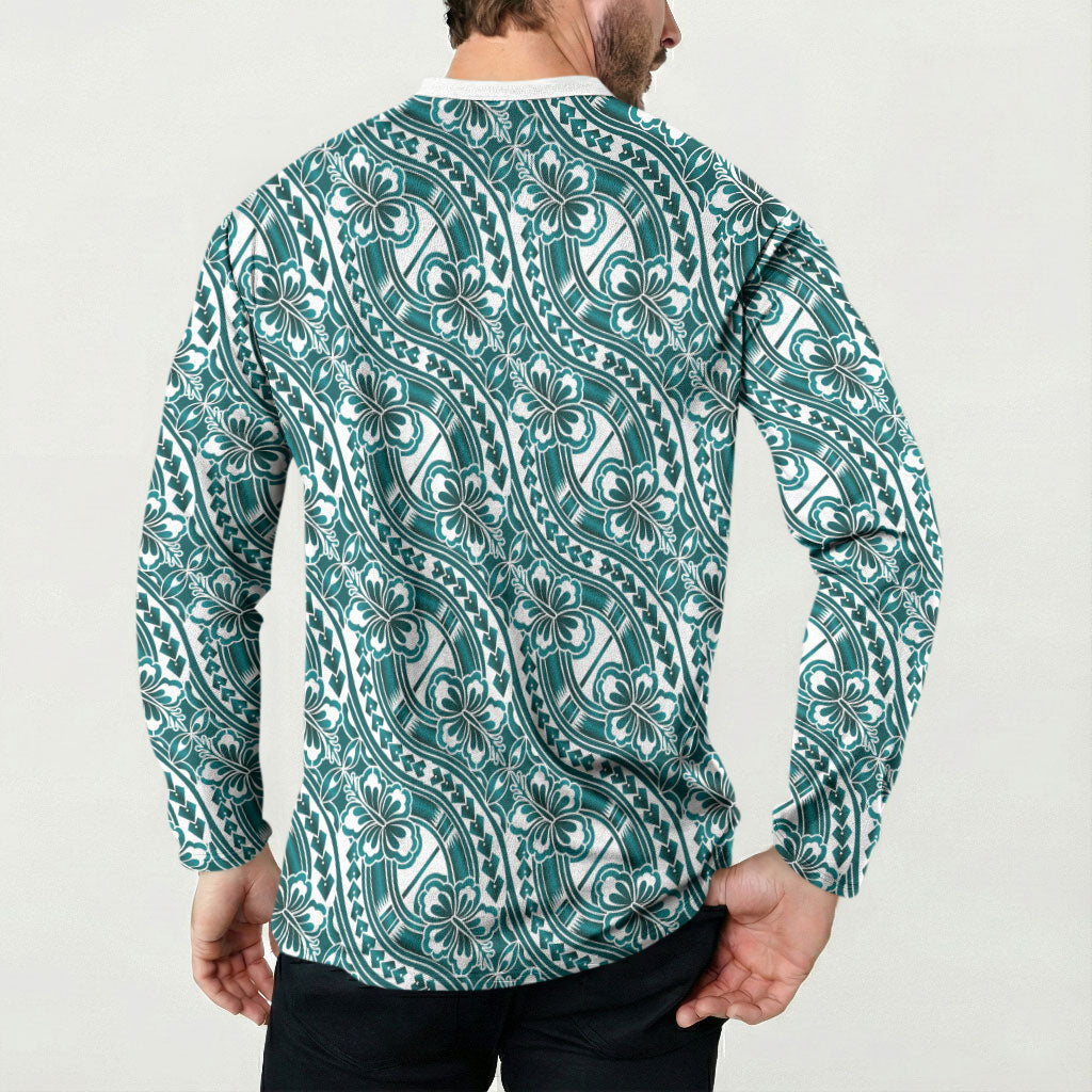 Hibiscus Bloom Island Tribal Waves Button Sweatshirt Teal Polynesian Pattern