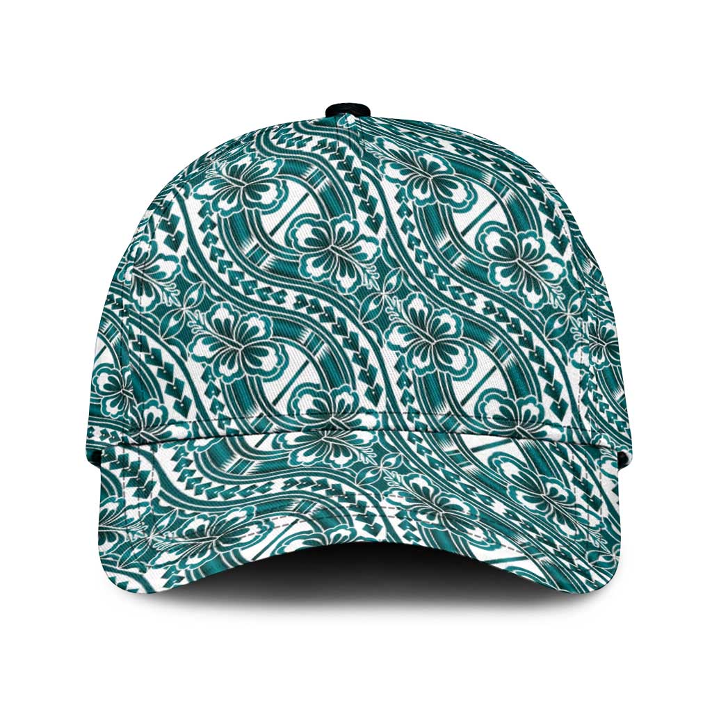 Hibiscus Bloom Island Tribal Waves Classic Cap Teal Polynesian Pattern