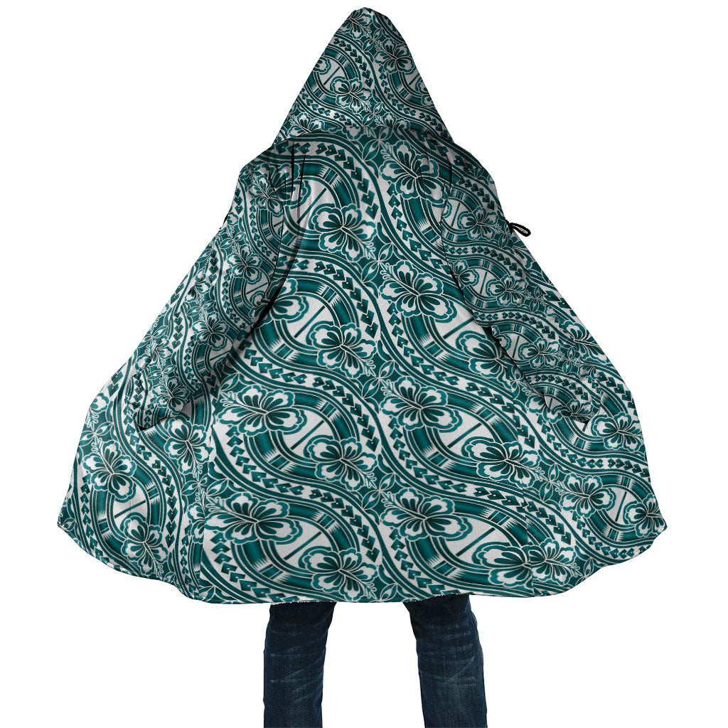 Hibiscus Bloom Island Tribal Waves Cloak Teal Polynesian Pattern